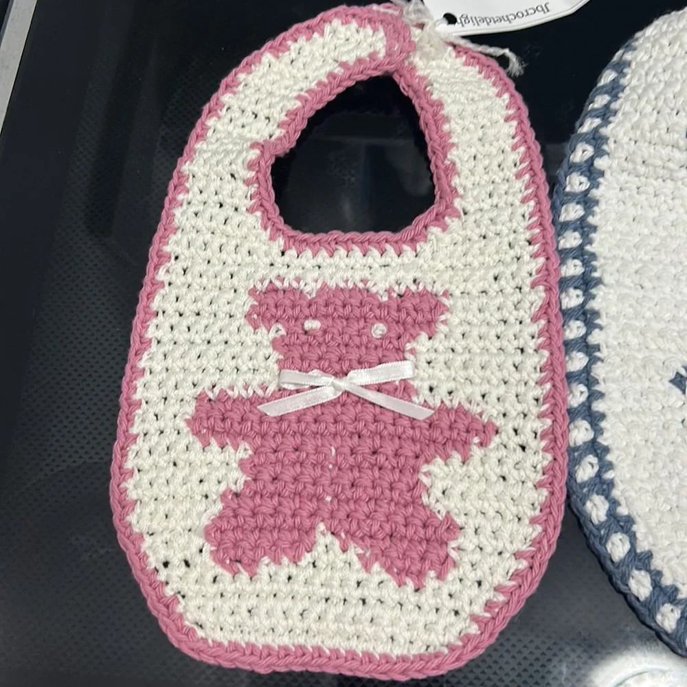 Handmade fraternal twins matching baby Bear bibs Crochet knitted boy and girl
